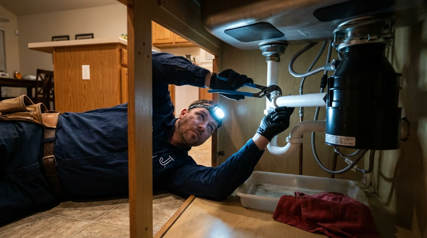 P-trap and supply line connections under a kitchen sink showing a common leak point in Carson City, NV